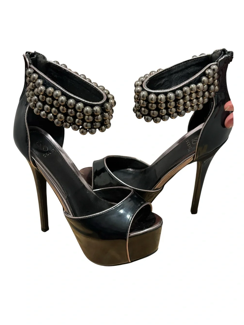 8 Scene Black Patent Platform Heels with Studded Ankle Cuff Size 7 SUPER CUTE